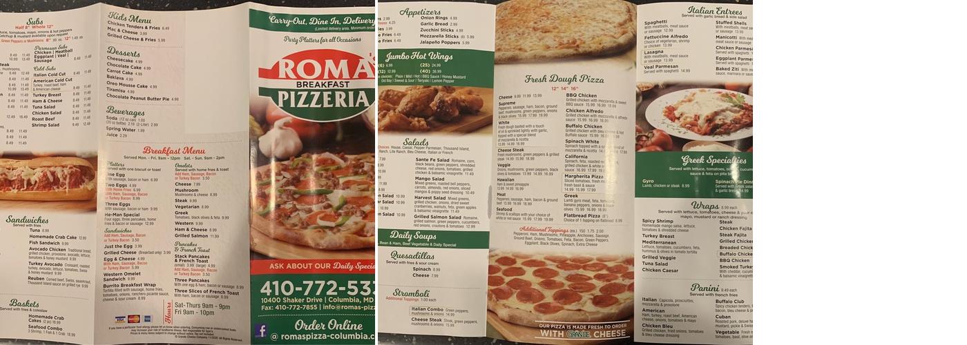 Roma's Breakfast & Pizzeria Menu