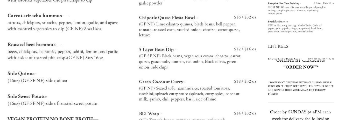 Miroh Meals Menu