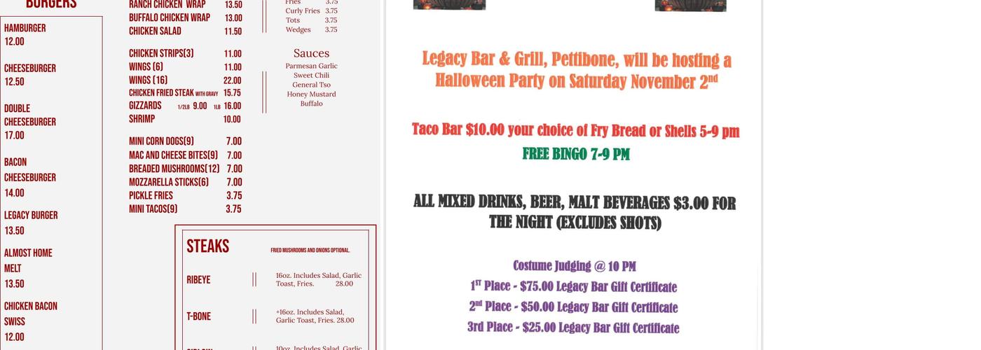 Legacy Bar & Grill Menu