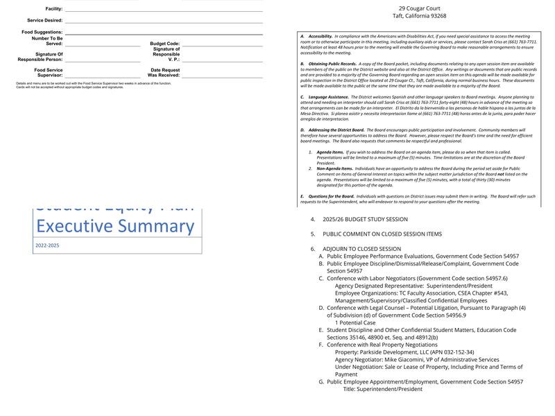 Taft College Cougar Cafe Menu