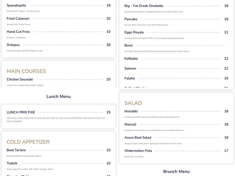 Azure The Greek Mediterranean Menu