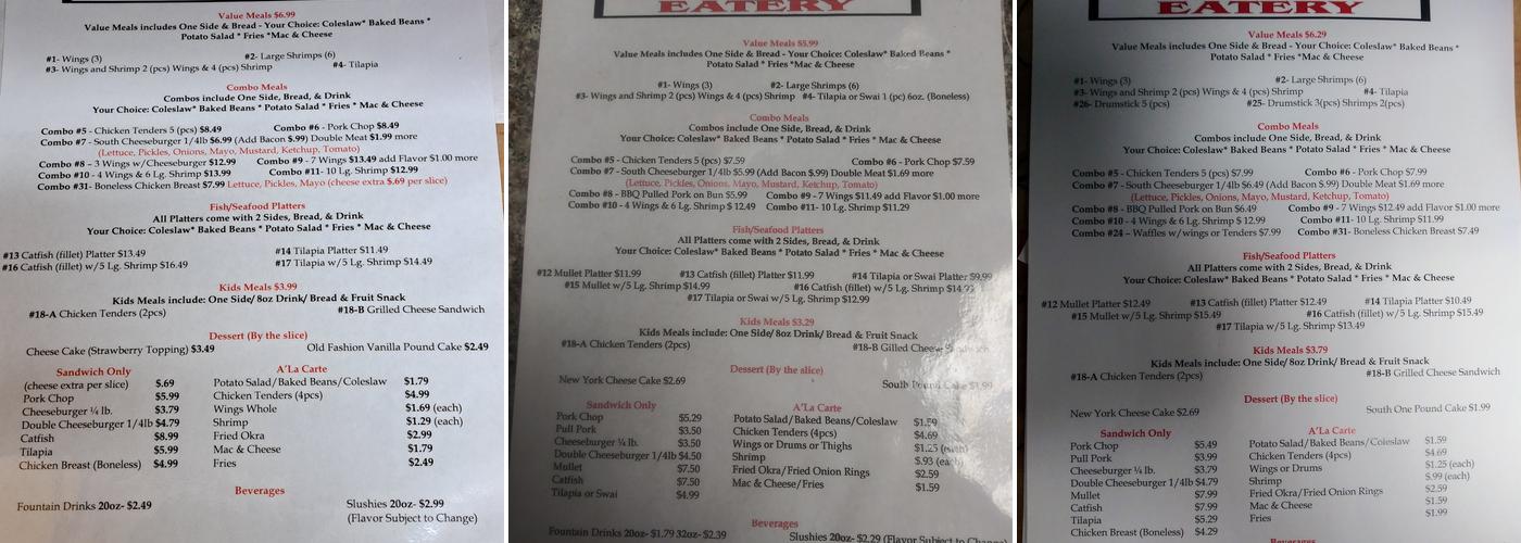 South One Eatery Menu