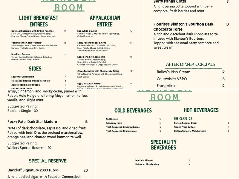 The Heirloom Room: Creekside Restaurant & Bar Menu