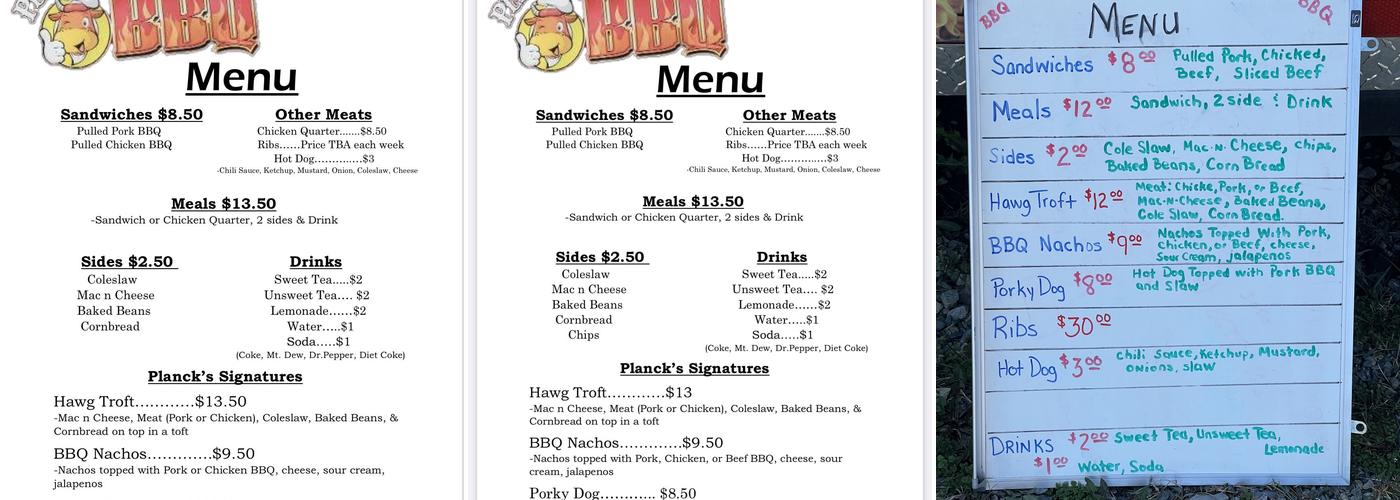 Planks BBQ Menu