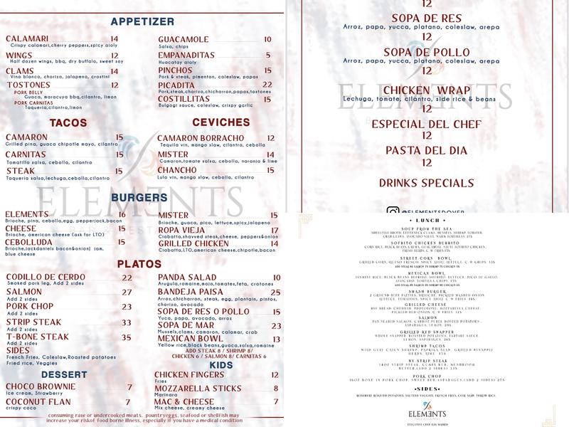Elements Bar & Restaurant Menu