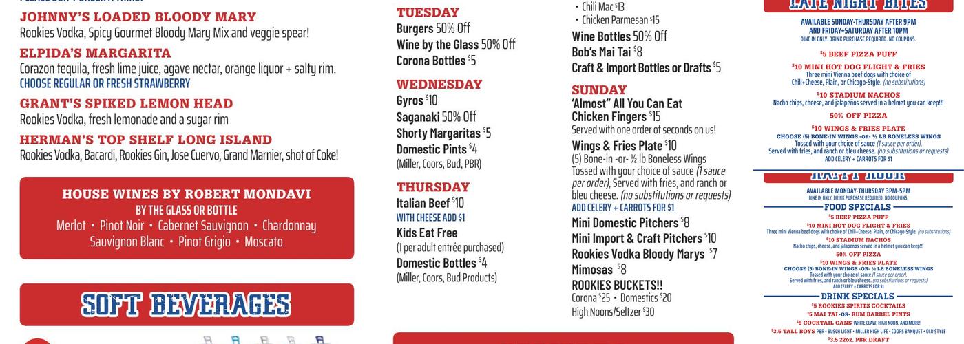 Rookies Sports Bar & Grill - Crystal Lake Menu