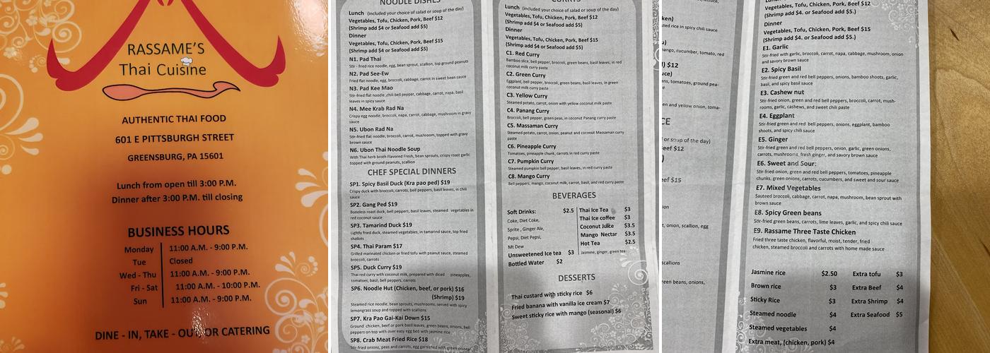 Rassame's Thai Cuisine Menu