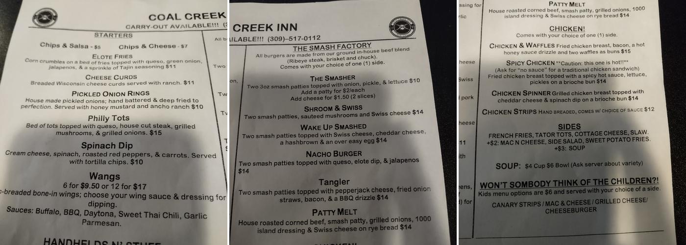 Coal Creek Inn Menu