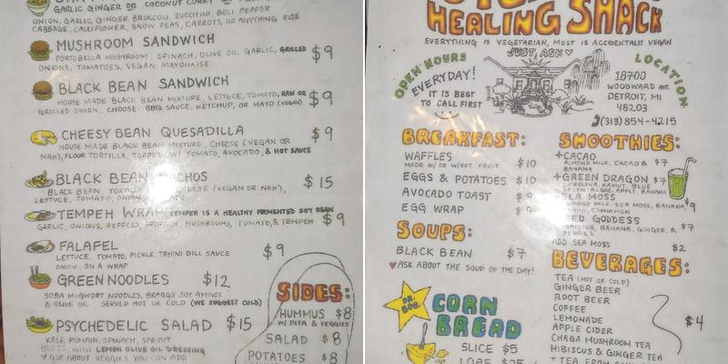 Healing Shack Vegetarian Cafe Menu