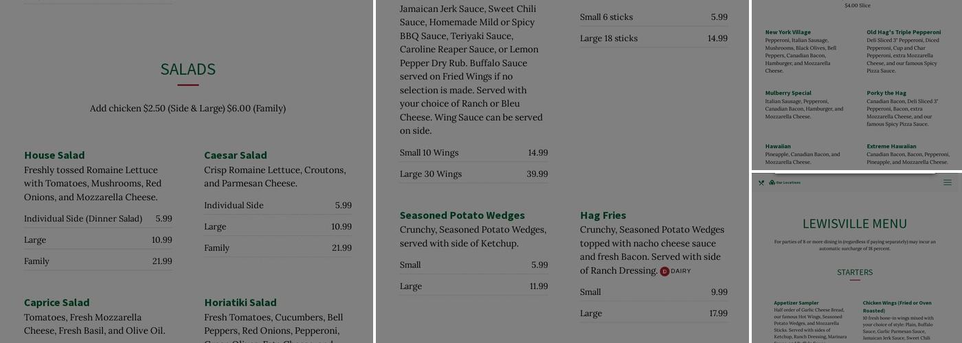 Old Hag's Pizza and Pasta Menu