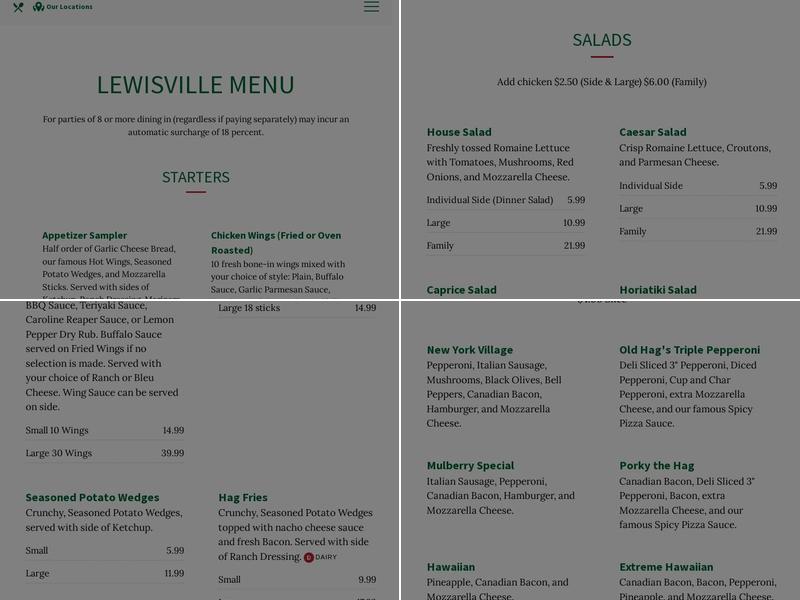 Old Hag's Pizza and Pasta Menu