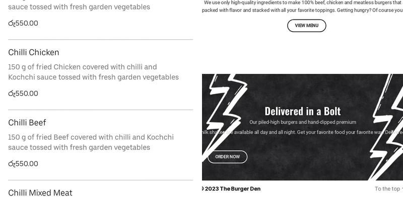 The Burger Den Menu