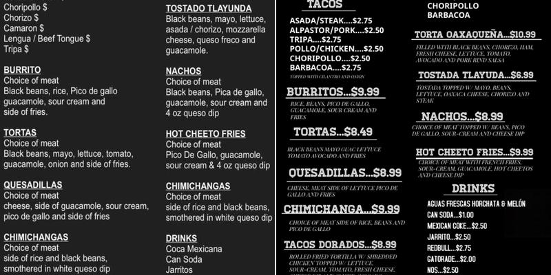 Taqueria El Vago Menu