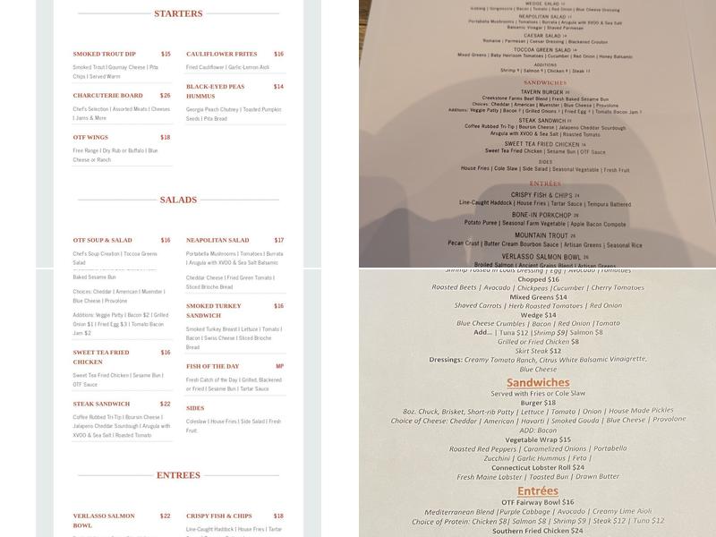 The Tavern at Old Toccoa Farm Menu