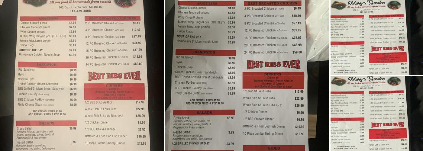 Mary’s Garden Menu