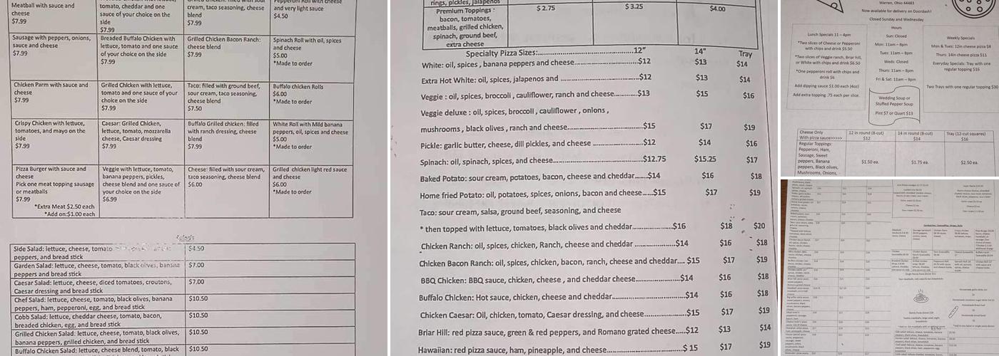 Elm Road Ianazone's Pizza Menu