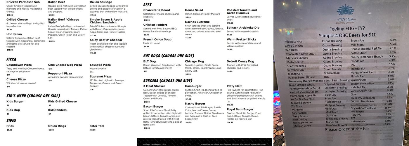 Ozona Brewing Company Menu