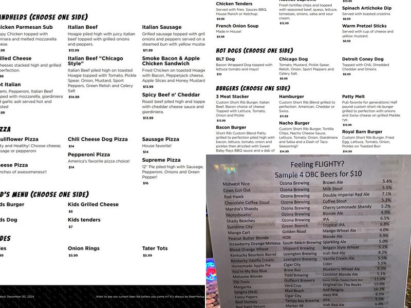 Ozona Brewing Company Menu