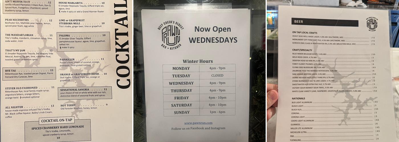 Pawn Run Bar + Kitchen Menu
