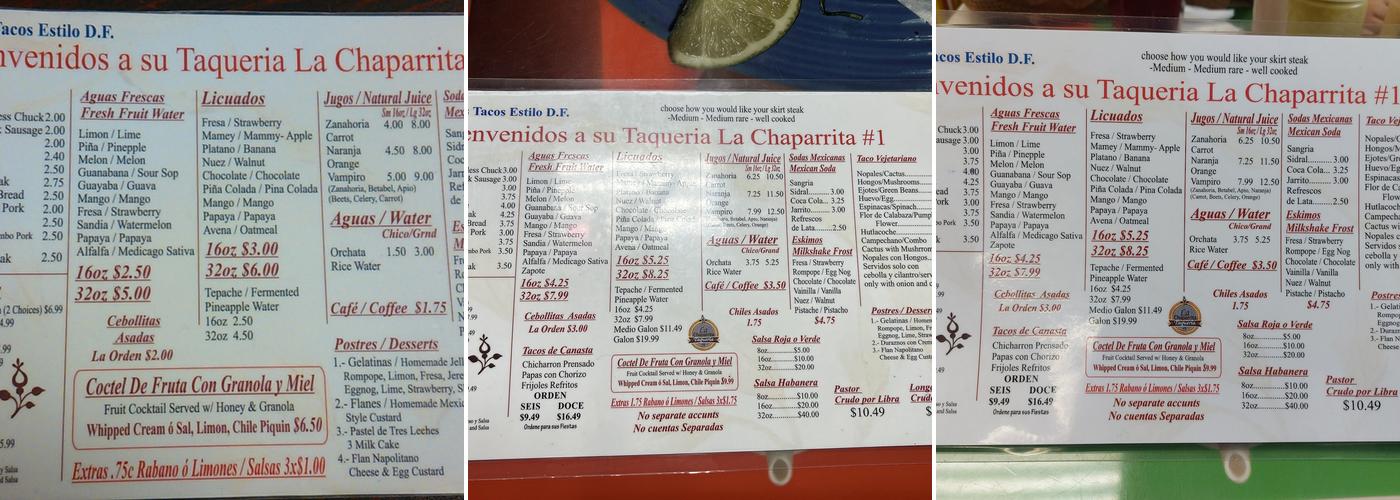 La Chaparrita Taqueria Menu