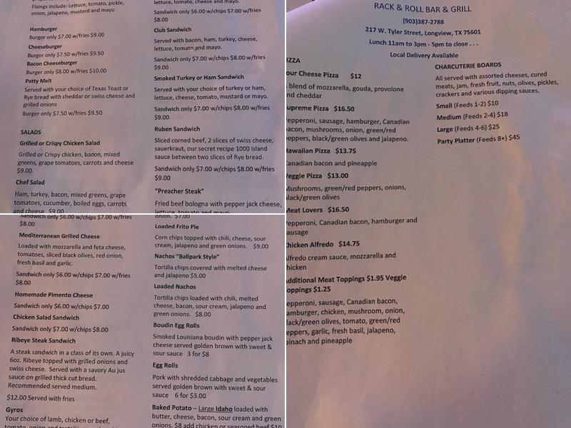 Rack and Roll Beer and Billiards Menu