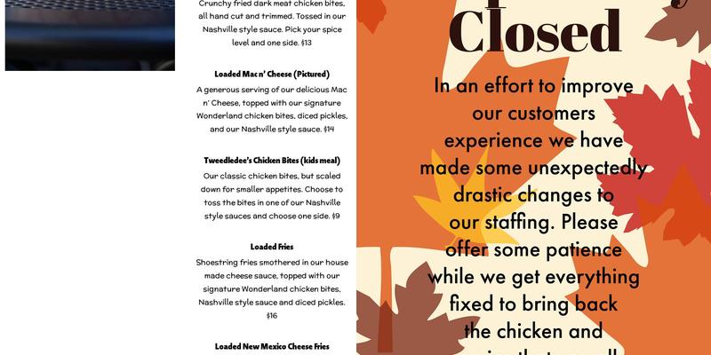 Wonderland Chicken Co @ Bunk+Brew Menu