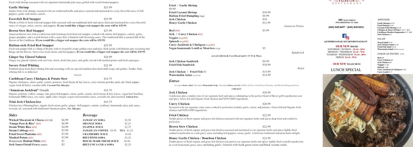 Empire Jamaica Fusion Restuarant Menu