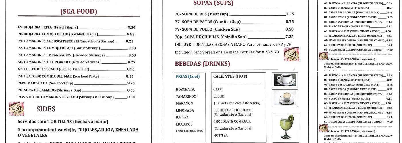 El Cuscatleco Menu
