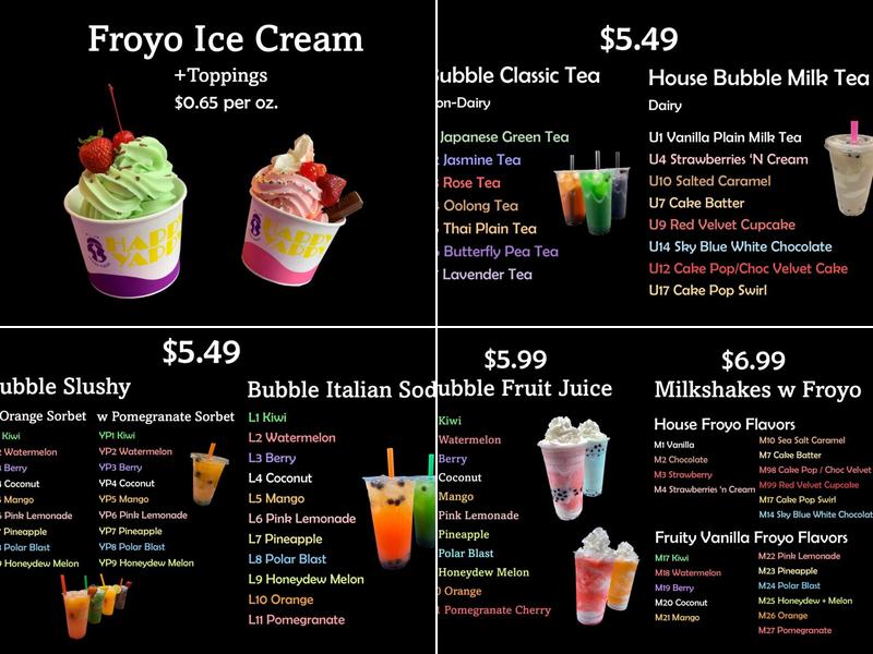 Happy Yappy Bubble Tea & Froyo Ice-Cream Menu