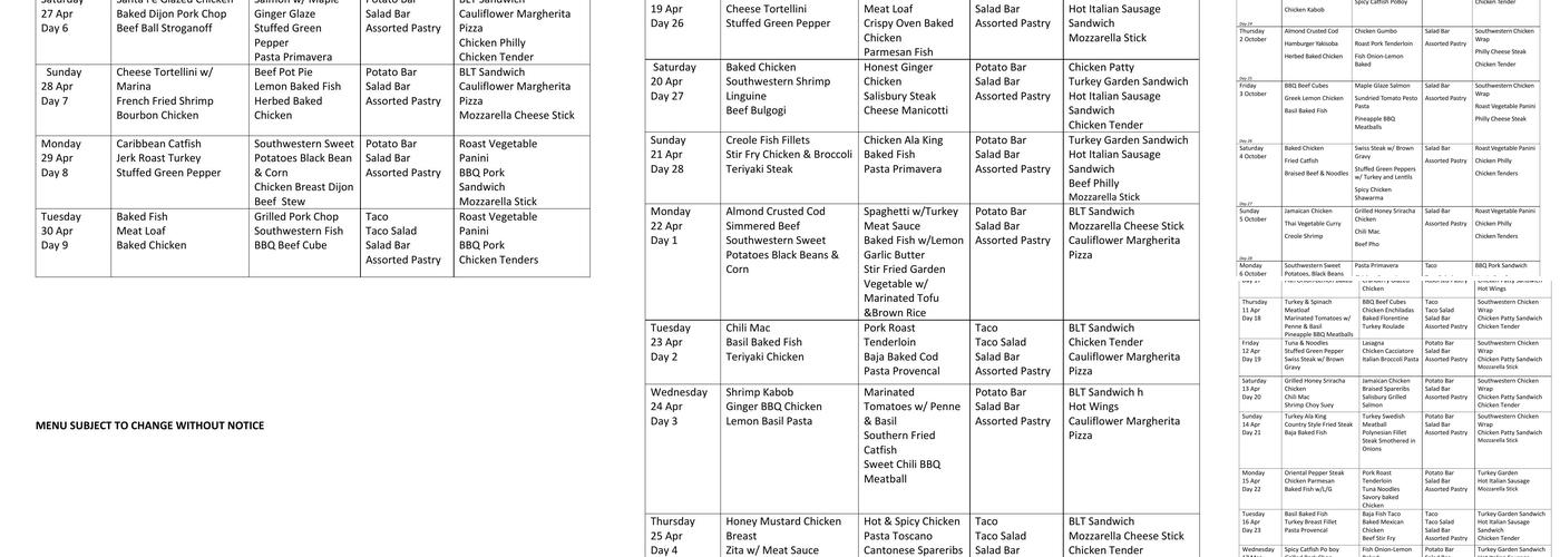 Aviation Inn Dining Facility Menu