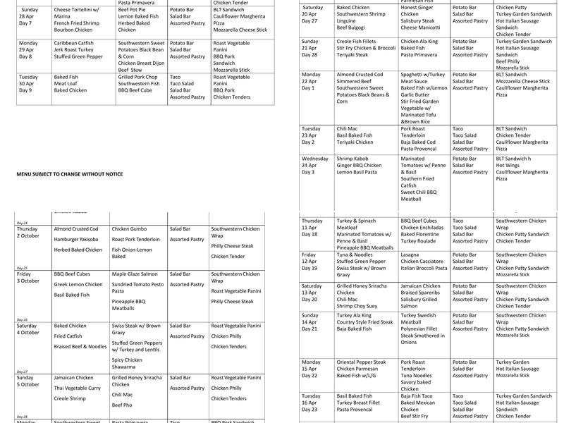Aviation Inn Dining Facility Menu