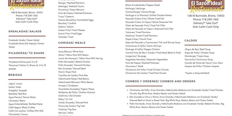 El Sazón Ideal Menu