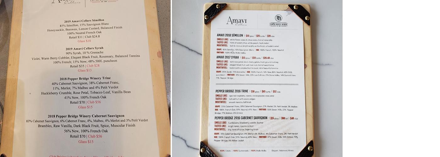 Amavi Cellars & Pepper Bridge Winery - Tasting Room Menu