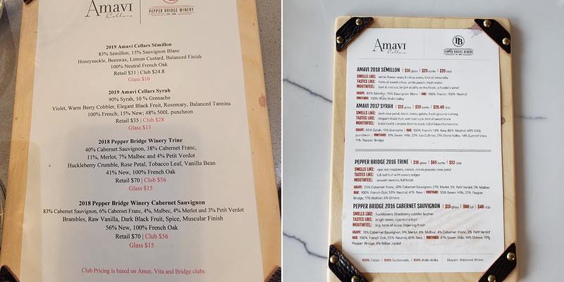 Amavi Cellars & Pepper Bridge Winery - Tasting Room Menu