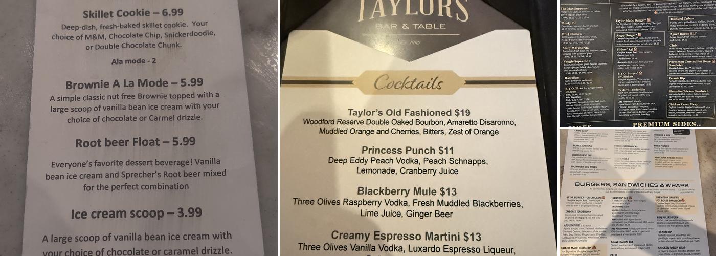 Taylor's Bar & Table Menu