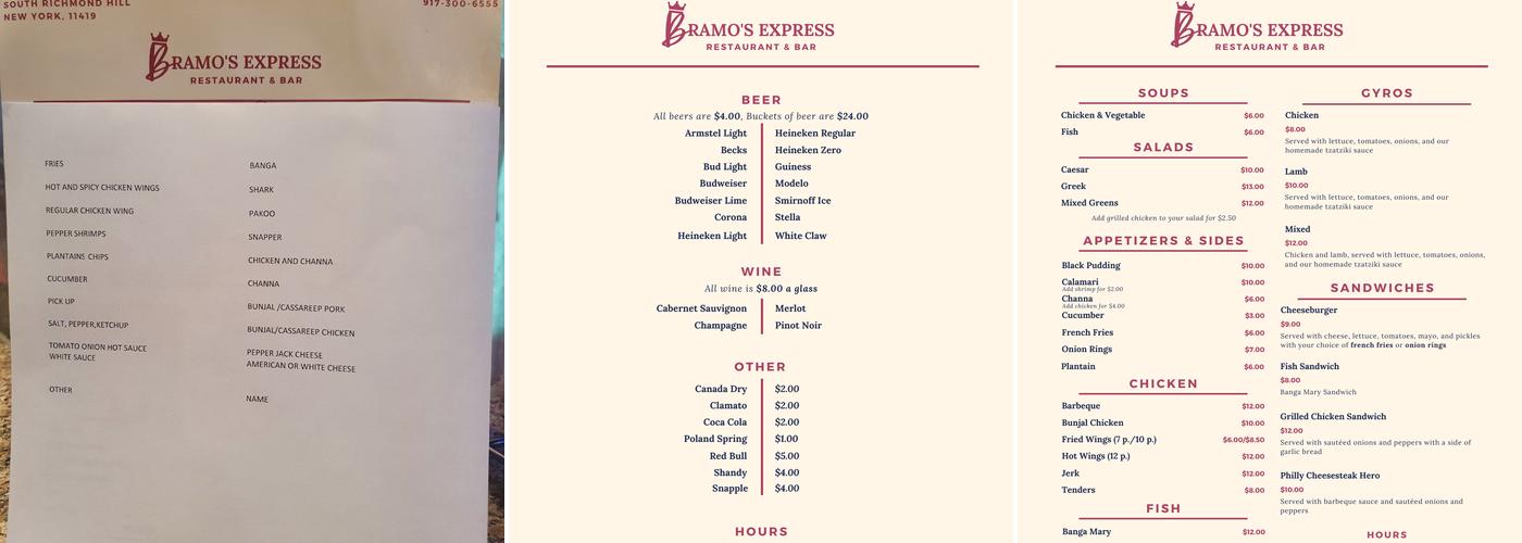 Bramo's Express Menu