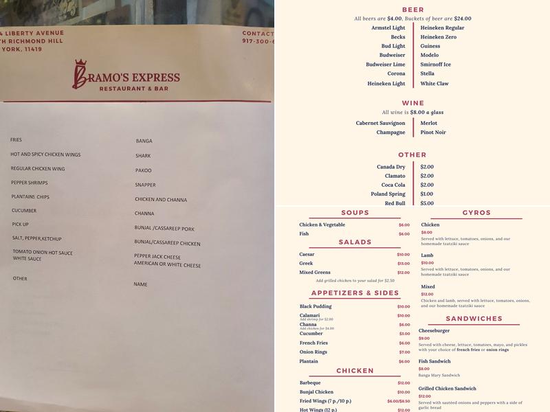 Bramo's Express Menu