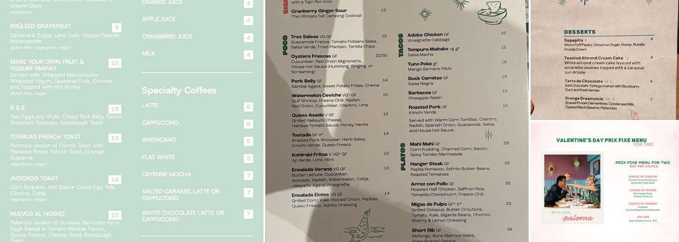 Paloma Scratch Kitchen Menu