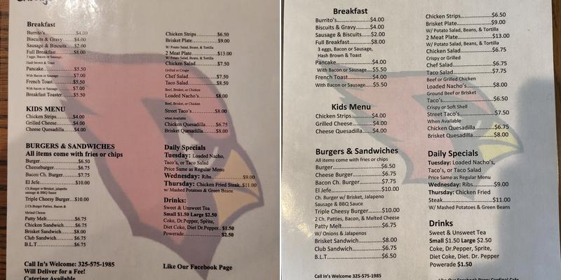 Cardinal Cafe Menu