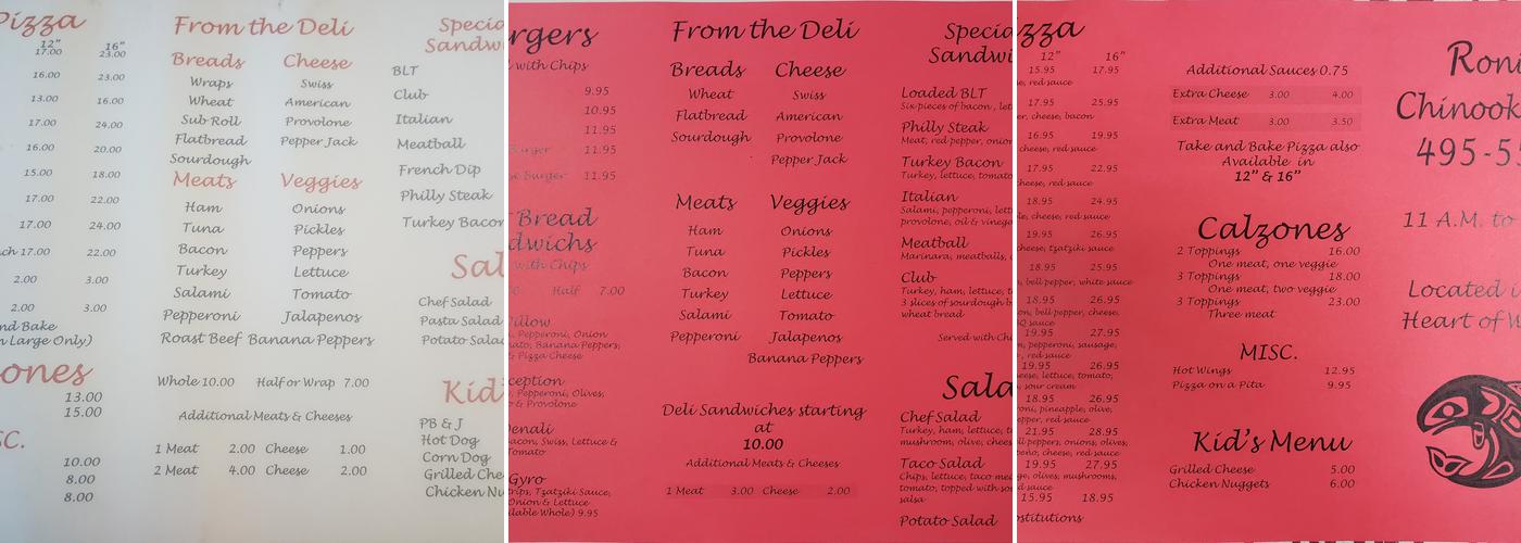 Roni's Chinook Deli & Pizza Menu