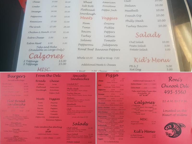 Roni's Chinook Deli & Pizza Menu