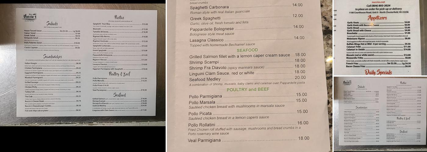 Nuccios express Menu