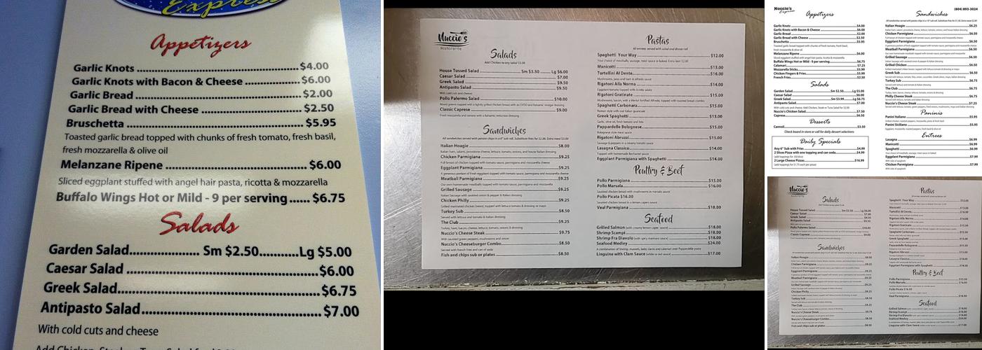 Nuccios express Menu