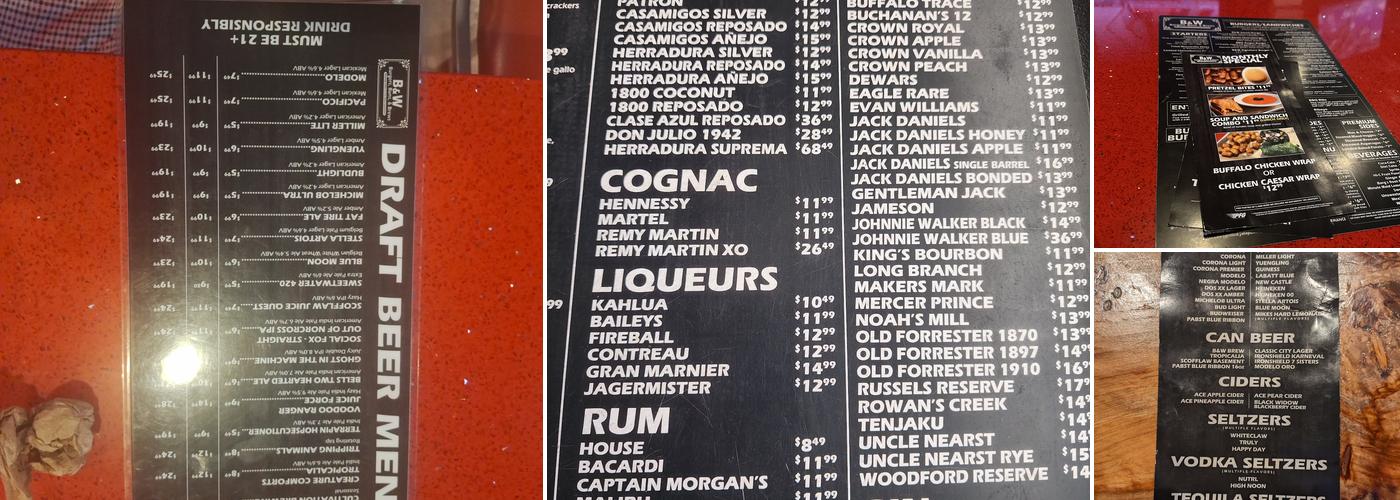 B&W Burgers, Buns & Brews Menu