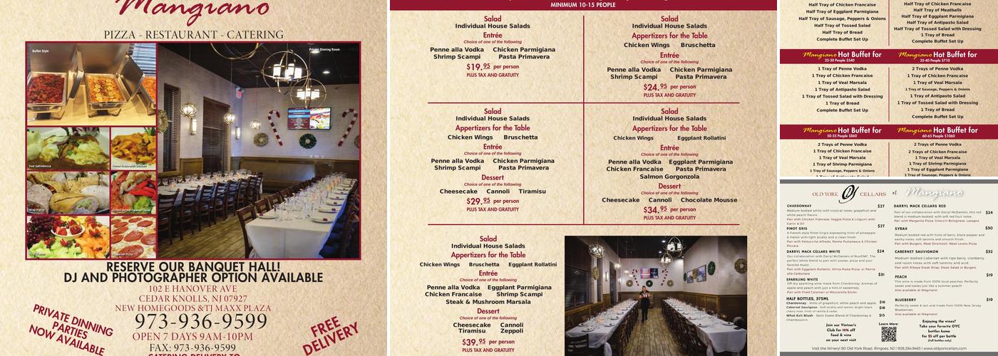 Mangiano Pizza Restaurant Catering of Morristown Menu