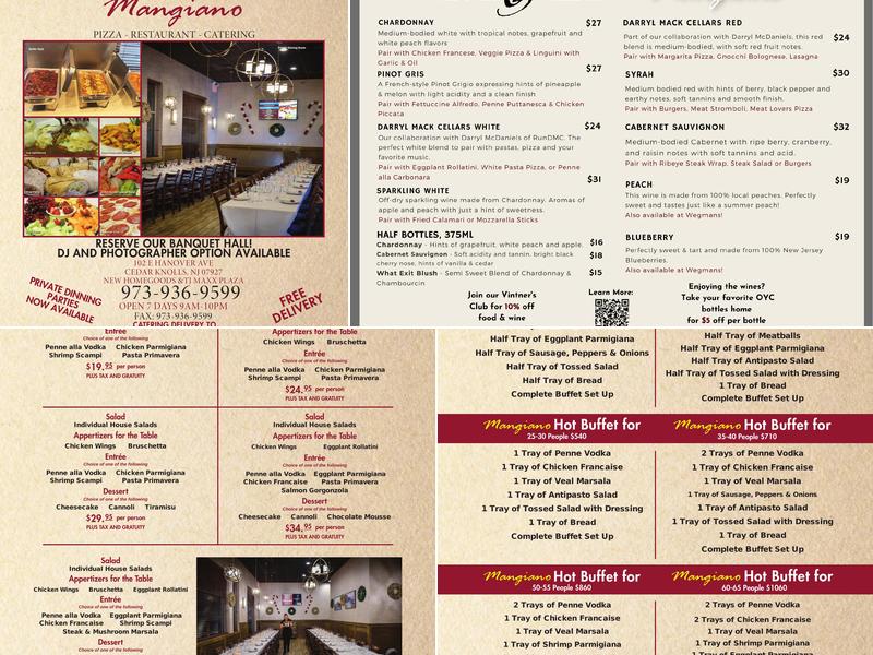 Mangiano Pizza Restaurant Catering of Morristown Menu
