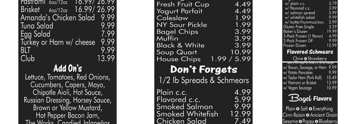 Gables Bagels Menu
