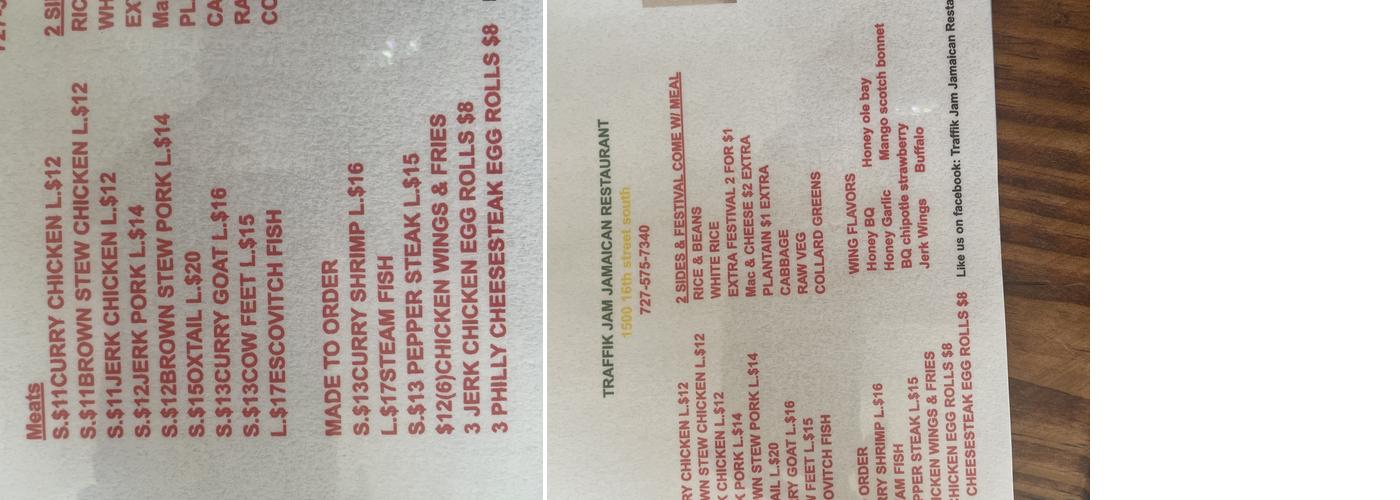 Traffik Jam Jamaican Resturant Menu