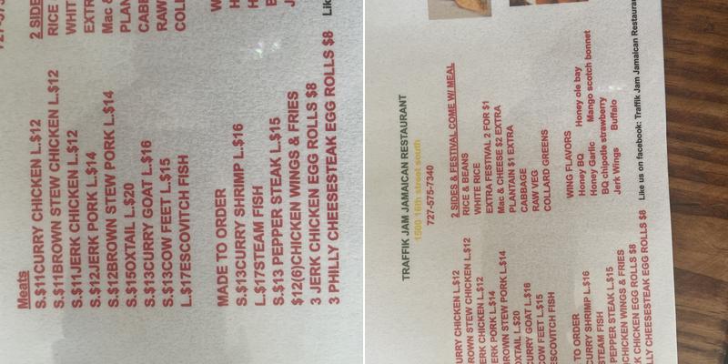 Traffik Jam Jamaican Resturant Menu