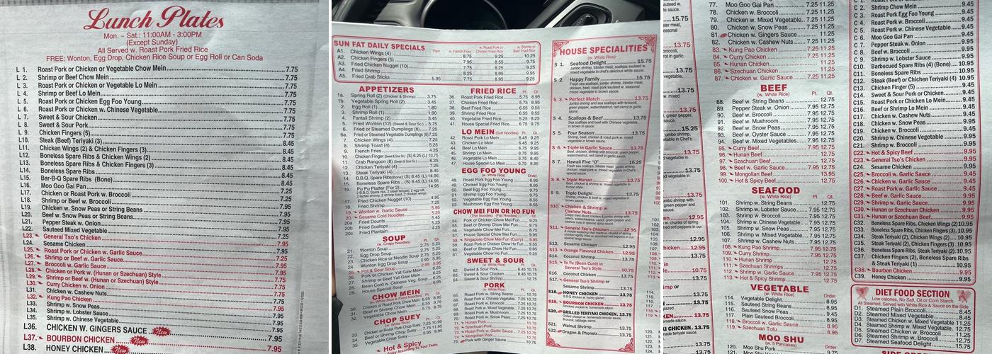 Sun Fat Menu